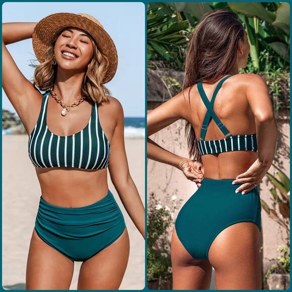 CUPSHE Teal & White Striped Bikini Set – High Waisted, Ruched Bottoms (Size M) - Picture 1 of 15